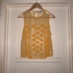 Yellow mesh and chiffon flower appliqué top